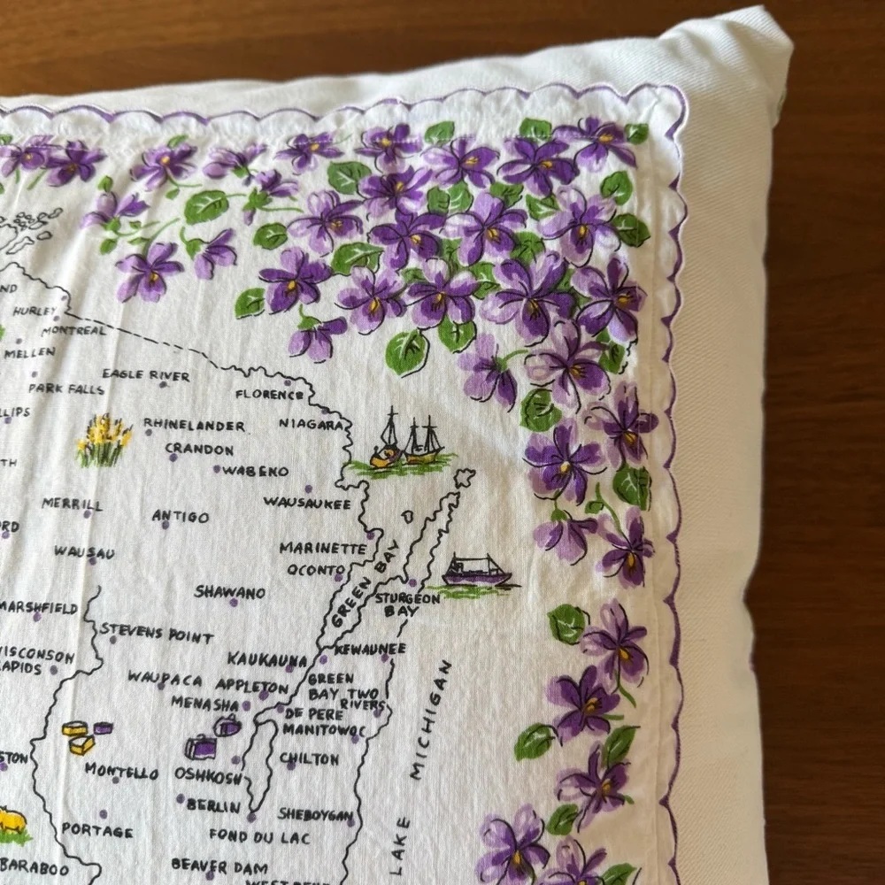 Vintage Wisconsin Handkerchief Pillow Violets Shabby Chic Retro Country Decor